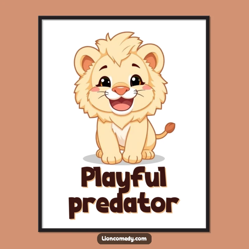 Funny Lion Cub Pounce Poster - Playful Grinning Cub Wall Art Gift