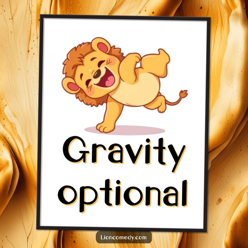 Funny poster of an energetic lion cub doing a clumsy somersault with an expression of pure, uninhibited glee.