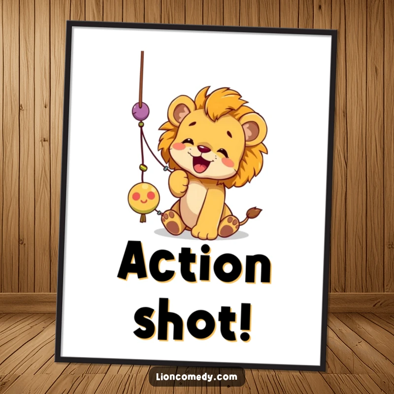 Funny lion cub poster showcasing a cub playfully batting at a dangling string toy with its paws, full of energetic fun.
