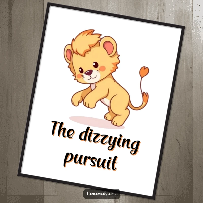 Funny Lion Cub Poster: A comical lion cub chasing its tail creates a humorous and lively piece of wall art.