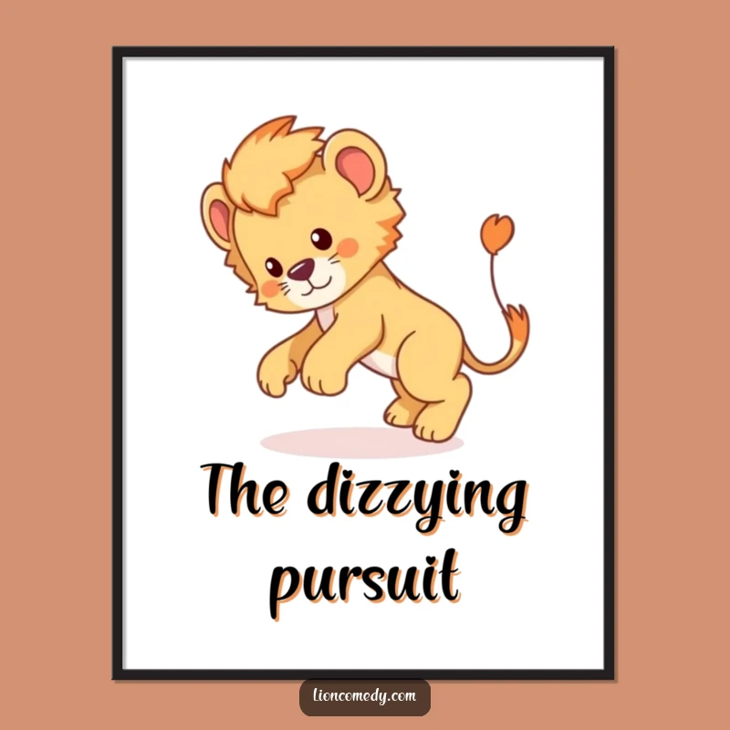Funny Lion Cub Tail Chase Poster: Vibrant Cartoon Art for a Playful Space