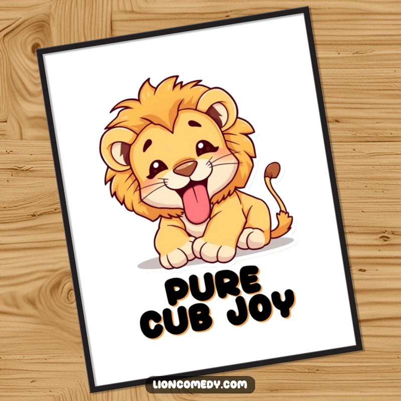 Funny Poster of a happy lion cub in mid-tumble with its tongue sticking out, creating an irresistibly cute and humorous visual.