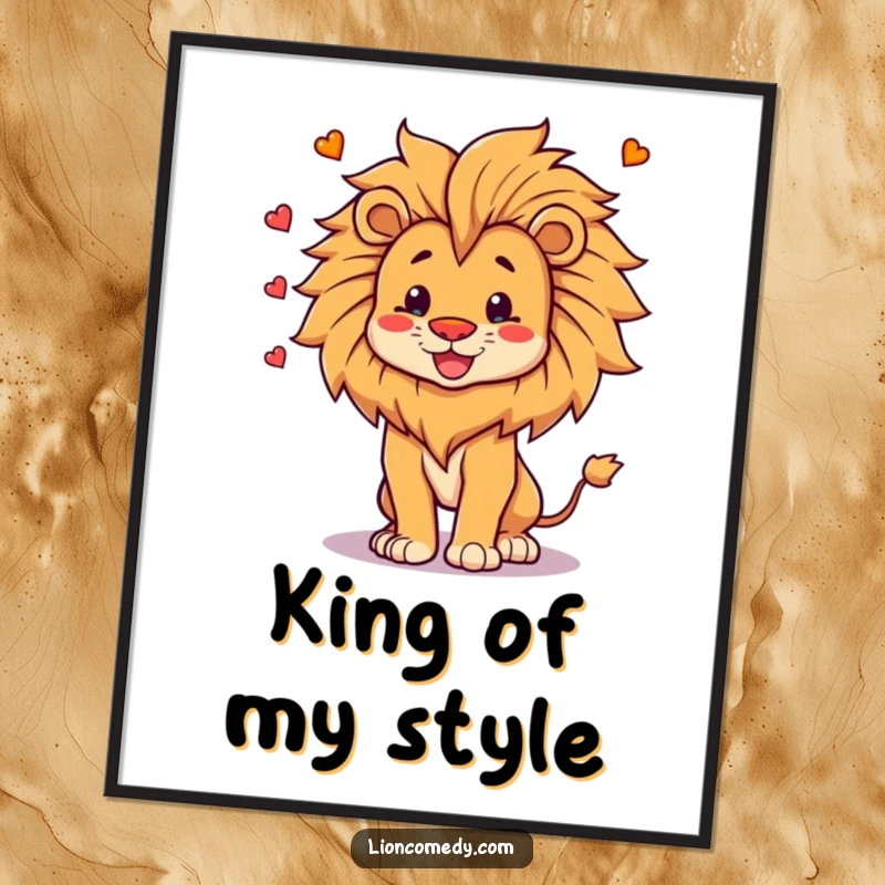 Funny Poster of a proud, happy lion artistically juggling its own majestic mane, creating a visually amusing and heartwarming scene.