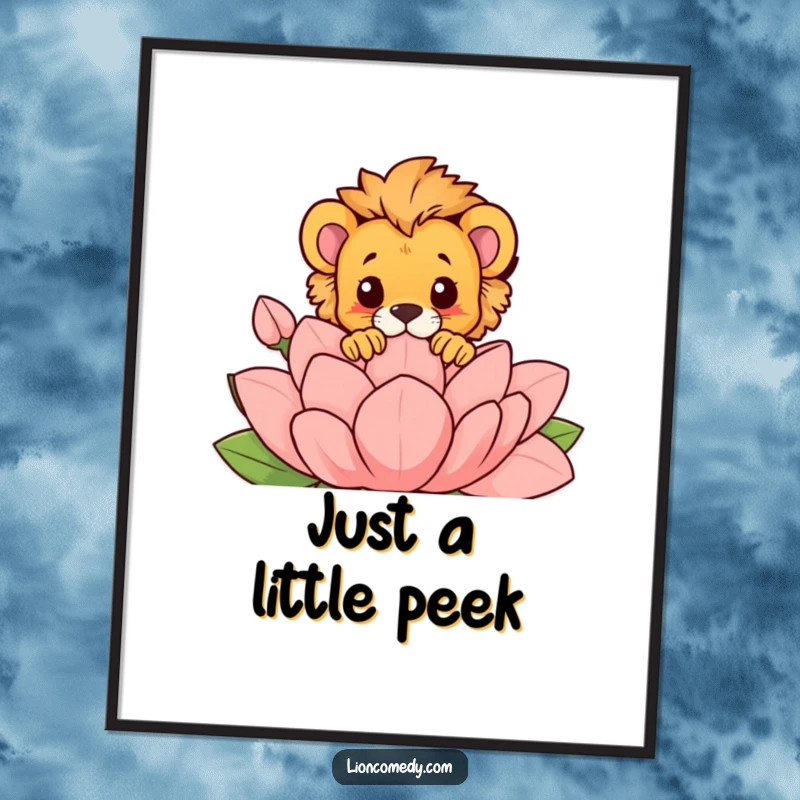 Funny poster of a lion cub playfully peeking over a giant, stylized flower, adding a whimsical and humorous touch to wall decor.