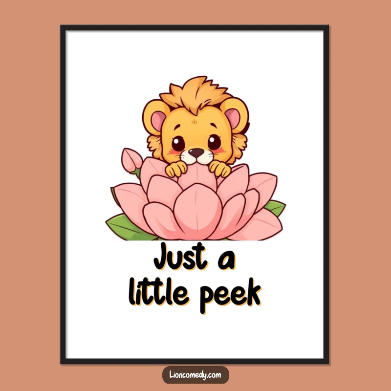 Funny Peek-a-Boo Lion Cub Poster: Cub Over Flower Art