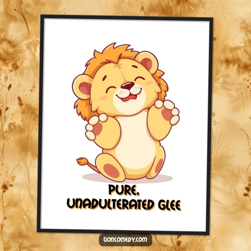 Funny poster of a lion cub joyfully rolling on its back with paws in the air, a humorous and heartwarming piece of wall art.