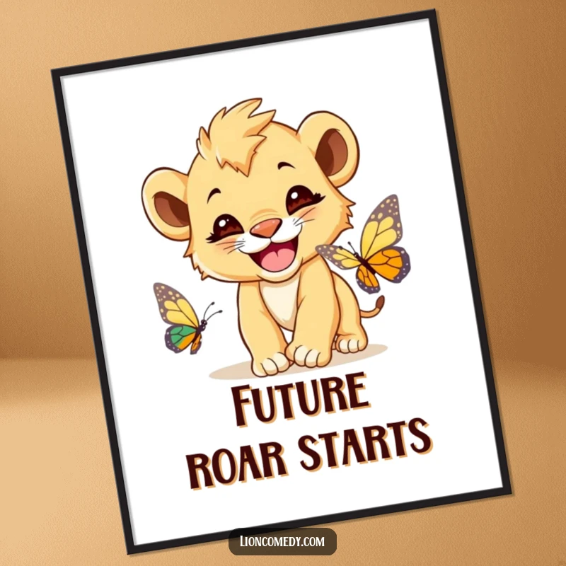 Funny Lion Cub Poster, a cute lion cub with a wide grin, playfully chasing a butterfly, adding charm to decor.