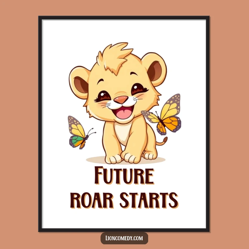 Funny Lion Cub Butterfly Poster - Cute Wall Art, Great Gift