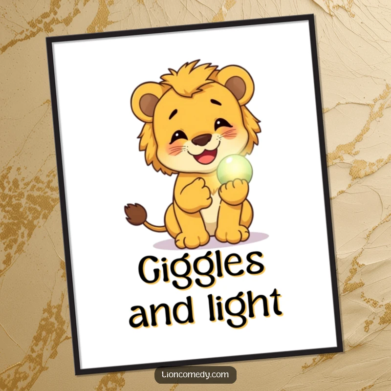 Funny poster of a lion cub giggling while holding a small, glowing magical orb, adding a touch of whimsy and humor to wall decor.
