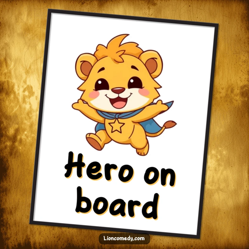 Funny poster of a smiling lion cub in a superhero cape, joyfully flying, bringing a sense of heroic adventure.