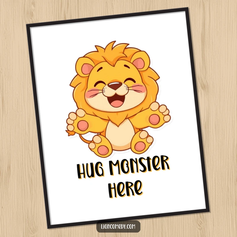 Funny Poster of a happy lion with its paws outstretched, invitingly ready for a hug, creating a heartwarming and humorous visual.