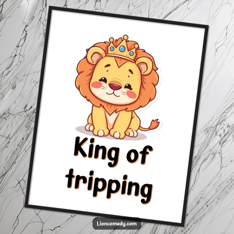 Funny poster of a regal kawaii lion wearing a crown, hilariously stumbling, ideal for humorous wall decor.