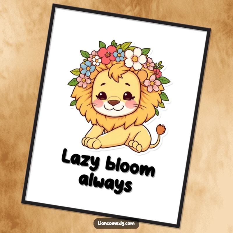 Funny poster of a cute kawaii lion with a mane of flowers, captured in a lazy stretch, exuding peaceful charm.