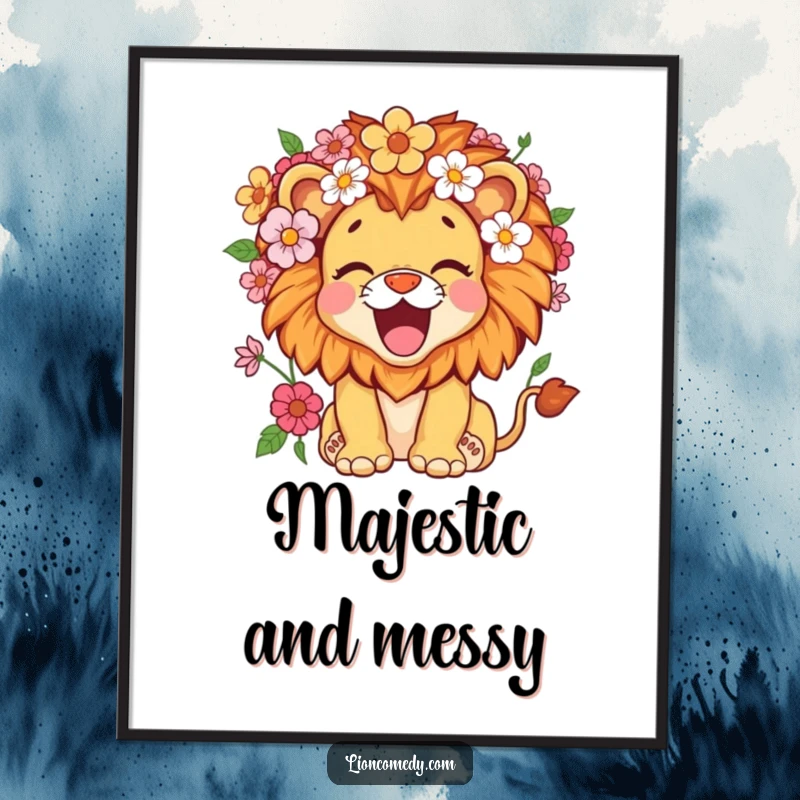 Funny kawaii lion cub with a mane brimming with flowers, roaring with pure joy, presented as a vibrant wall poster.