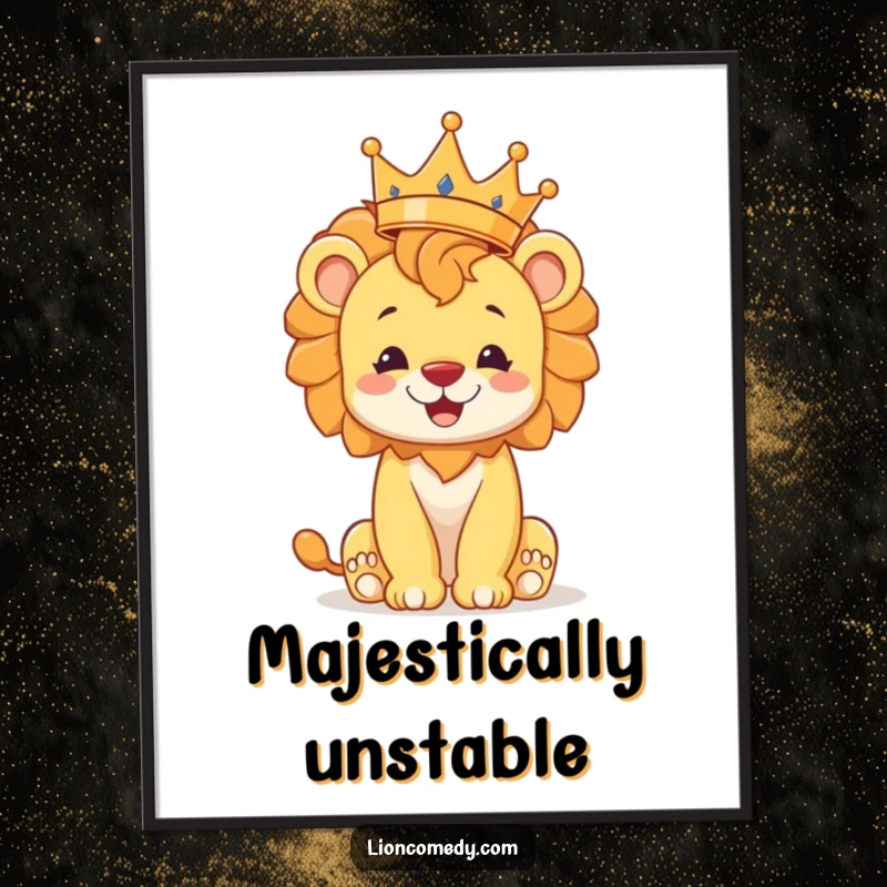 Funny lion cub poster, capturing a cheerful cub precariously balancing a crown, adding regal charm and humor to any wall.
