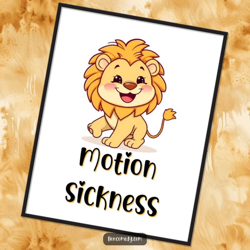 Funny Lion Tail Poster depicting a kawaii lion with a wide happy grin, playfully chasing its own tail, perfect for humorous wall art.