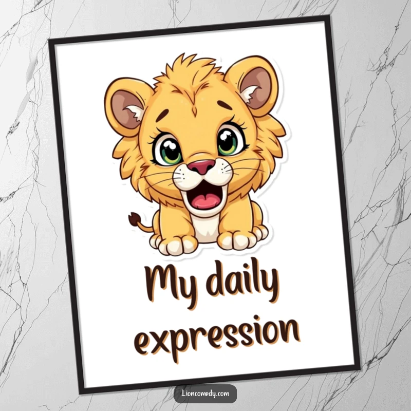 Funny lion cub poster showing a cub with giant, wide-open eyes and a gaping mouth, captured in a moment of utter surprise.