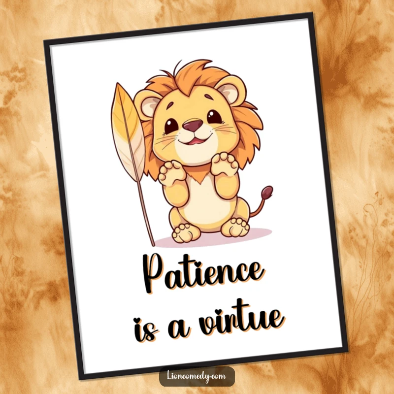 Funny poster art of a cute lion cub with its paws up, intensely focused on pouncing at a floating feather.