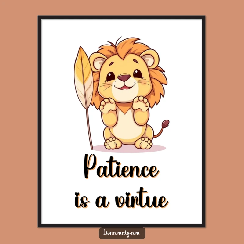 Funny Lion Poster: Adorable Cub's Feather Pounce Artwork, Gift for Walls