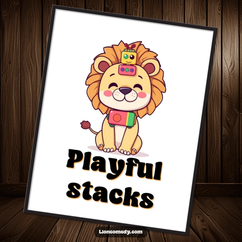 Funny Kawaii Lion Poster: A cute lion balances a stack of toys on its nose, amusing wall art.