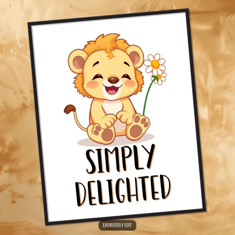 Funny Lion Cub Poster: A delighted cub wiggles its toes, tickled by a daisy, showcasing pure, unadulterated joy.