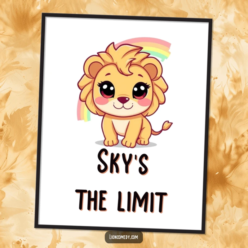 Funny poster of a cute lion character with wide eyes, filled with wonder as it chases a vibrant, shimmering rainbow.