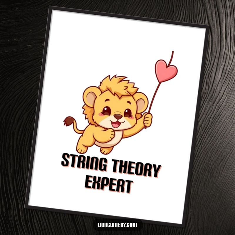 Funny kawaii lion cub, mid-pounce on a dangling string, displayed as vibrant wall art, perfect for a funny gift.