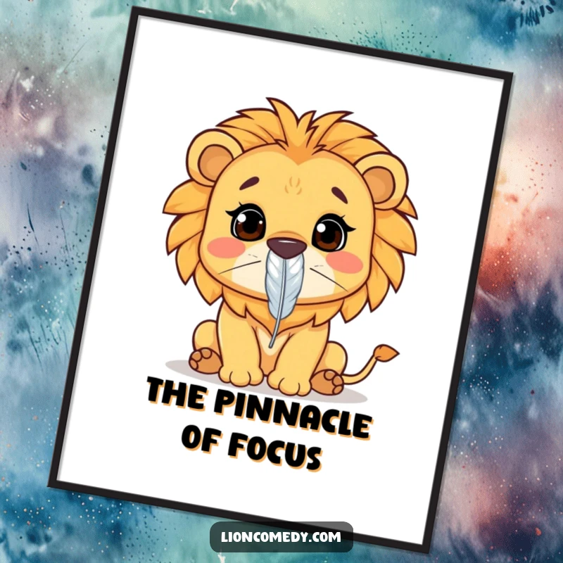 Funny Kawaii lion poster depicting a lion intensely concentrating on balancing a feather on its nose. Playful and humorous art.