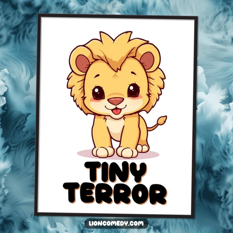 Funny poster of a kawaii lion cub with a fluffy mane, showing a playful and energetic pounce.