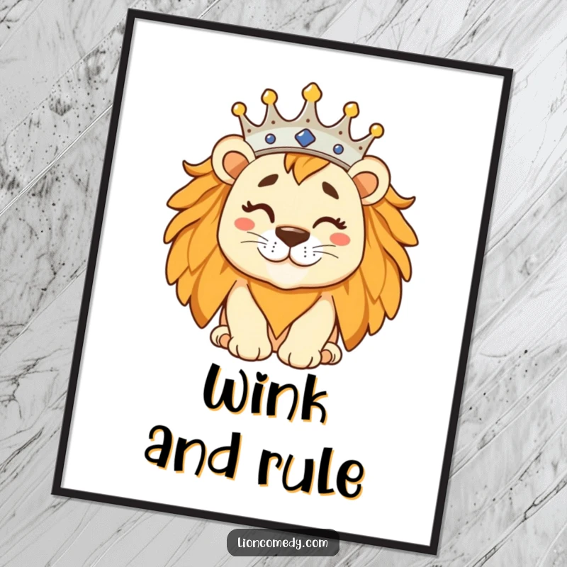 Funny regal lion with a tilted crown and a playful wink, presented as a charming poster for wall decoration.