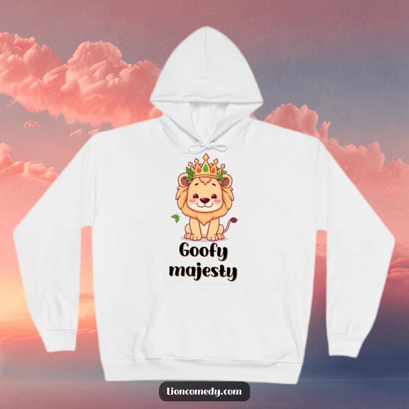 Funny kawaii lion wearing a crown of leaves, striking a kingly yet goofy pose, featured on a warm hoodie.