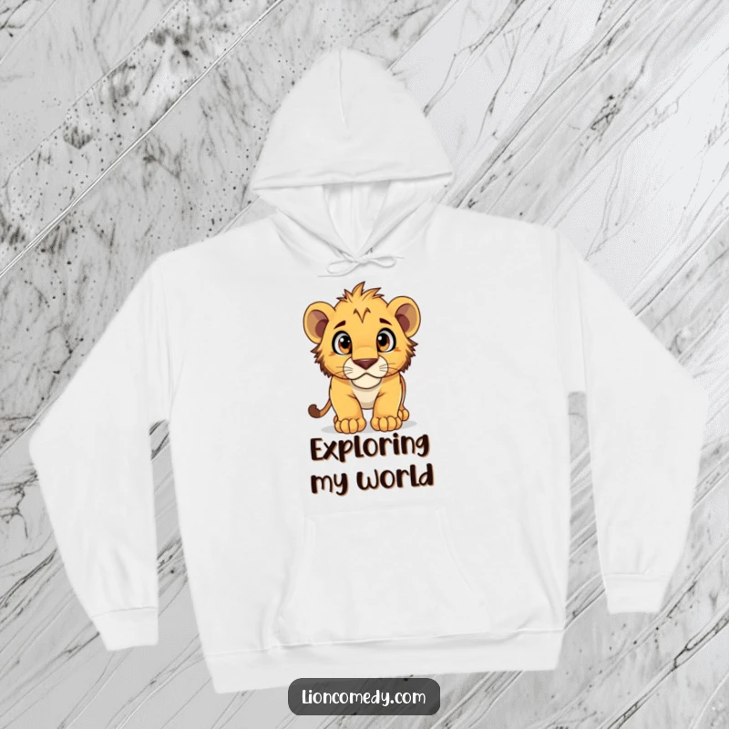 Funny Hoodie featuring a lion cub in mid-pounce, wide curious eyes, radiating playful energy and a sense of wonder.