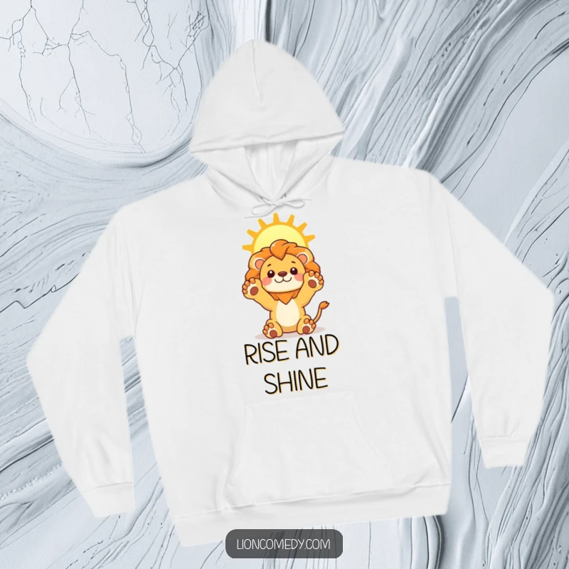 Funny Lion Sun Hoodie featuring a kawaii lion stretching its paws upwards towards a bright sun, perfect for cozy and cheerful wear.