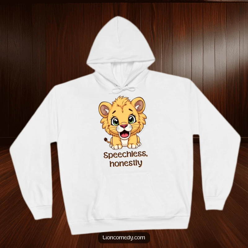 Funny lion cub hoodie showing a cub with massive, wide eyes and an open jaw, looking utterly astonished.