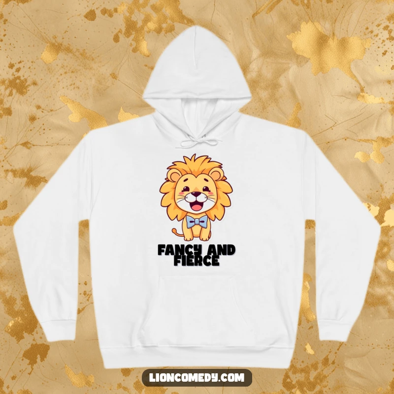 Funny Hoodie depicting a dapper lion with a wide, goofy smile, charmingly adorned with a tiny bow tie for a humorous touch.