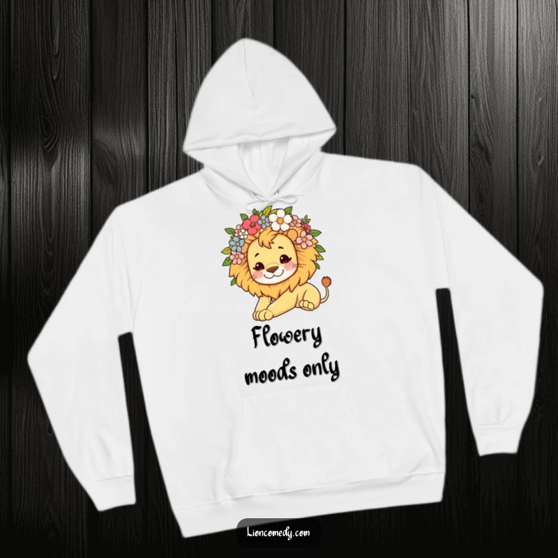 Cozy hoodie featuring a kawaii lion with a flower-adorned mane, stretching lazily and radiating gentle, relaxed charm.
