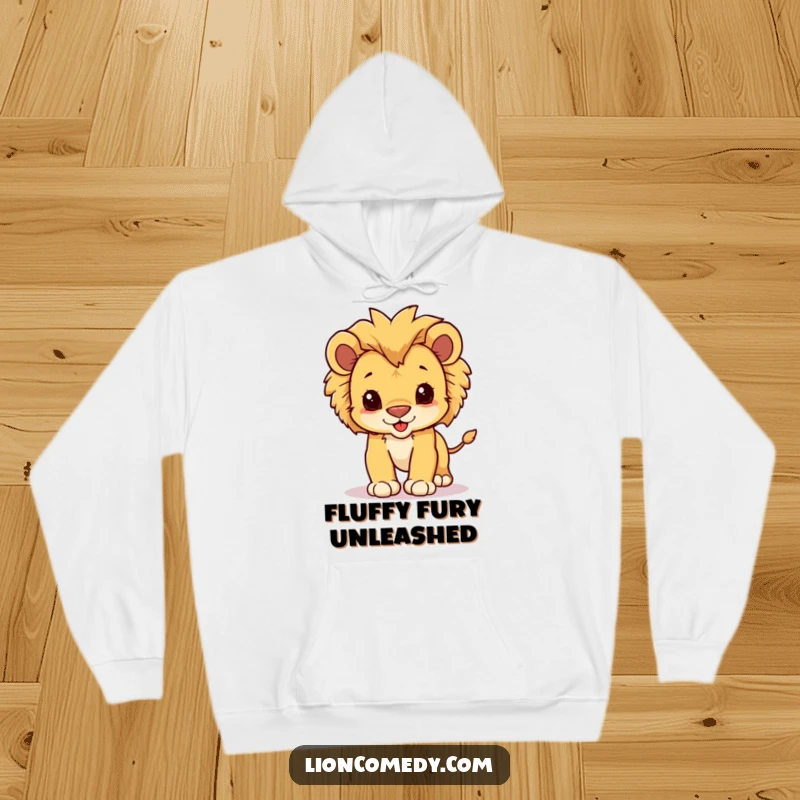 Funny hoodie with a kawaii lion cub with a fluffy mane, depicted in a cute, playful pounce.