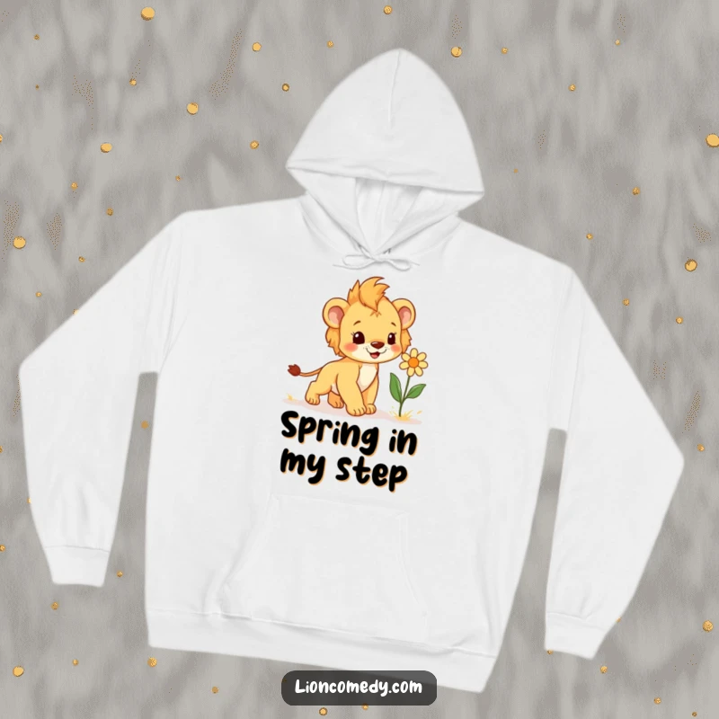 Funny Hoodie showing a joyful lion cub with a spring in its step, approaching a giggling flower, embodying playful happiness.