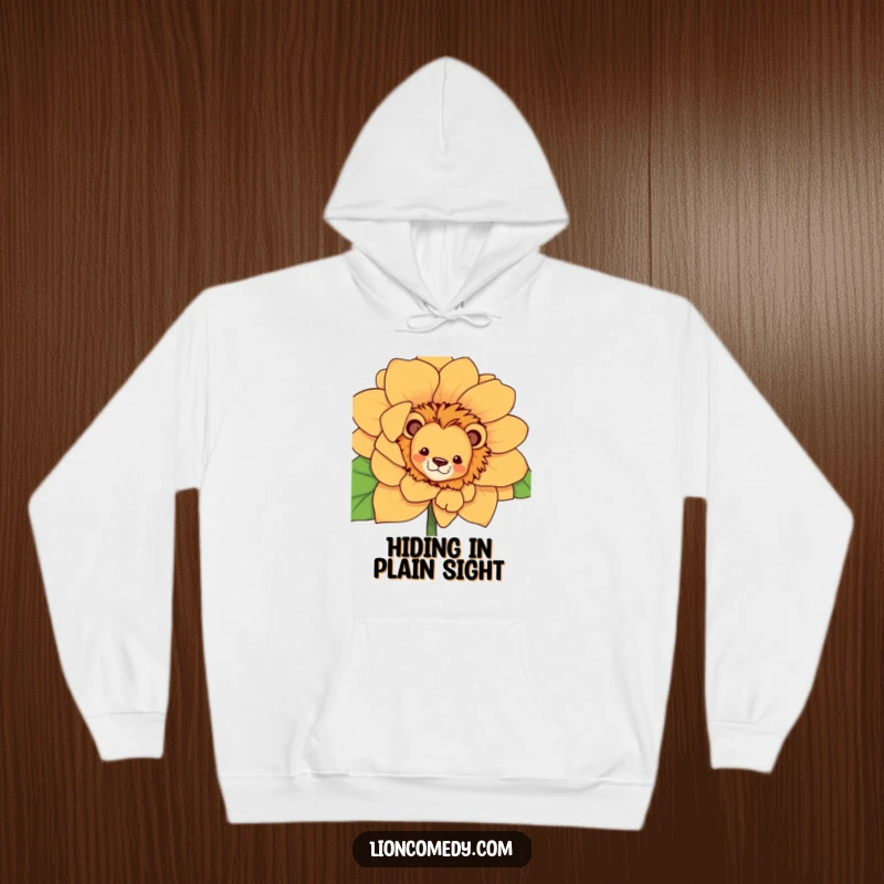 Funny curious lion hoodie, playfully peeking from behind an oversized flower, exuding curiosity and warmth.