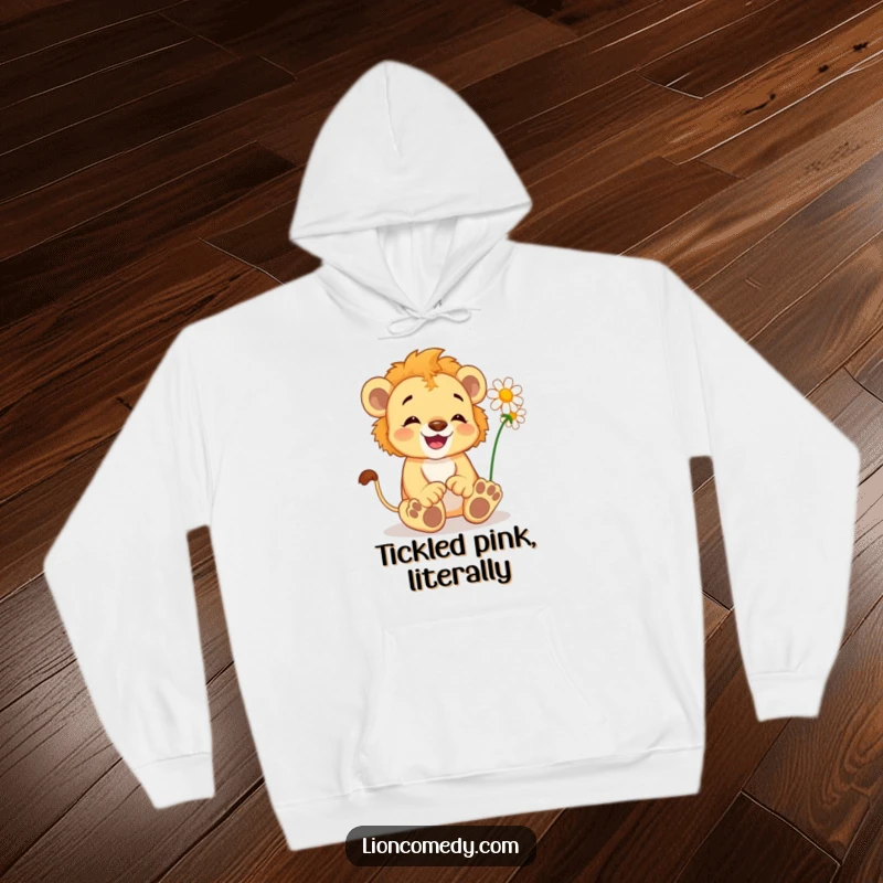 Funny Lion Cub Hoodie: A delighted cub wiggles its toes, tickled by a daisy, radiating innocent happiness.