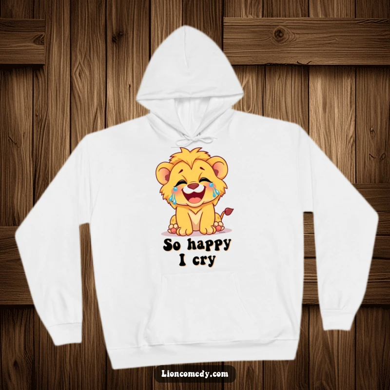 Funny hoodie showing a lion cub laughing with tears of joy streaming down its face, offering cozy humor.