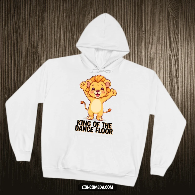 Funny dancing lion cub hoodie, arms raised in celebration, soft and comfortable, radiating joy and party vibes, ideal present.