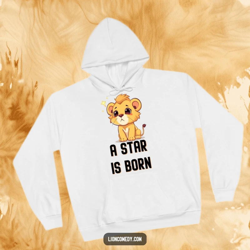 Funny lion cub hoodie, offering cozy warmth while gazing in wonder at a shooting star, perfect for night owls and dreamers.