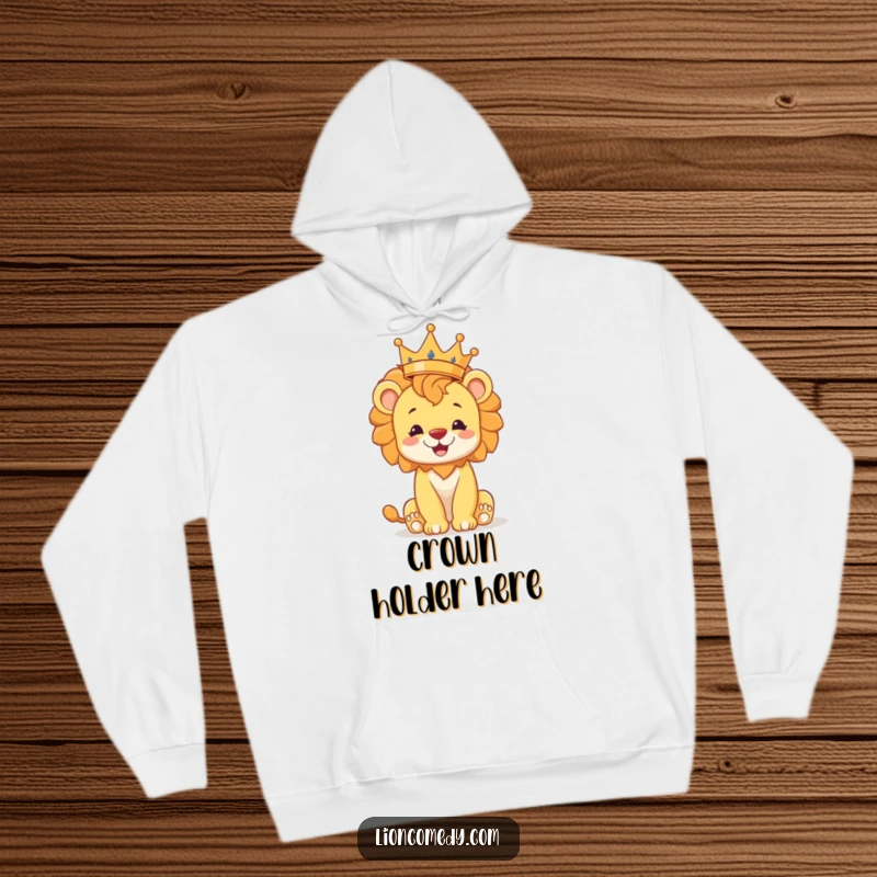 Funny lion cub hoodie, offering cozy warmth while a cheerful cub balances a crown, perfect for feeling royally comfy.