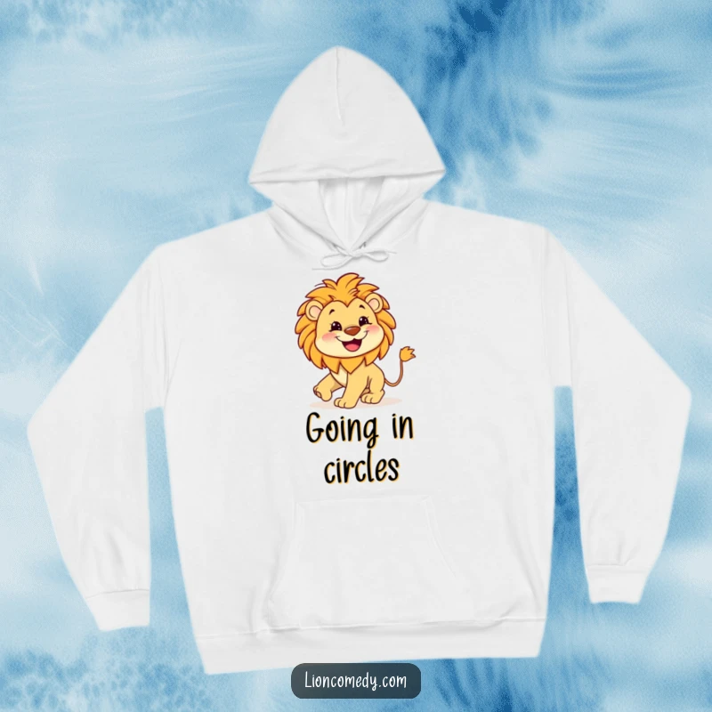 Funny Lion Grin Hoodie featuring a kawaii lion with a wide grin, chasing its tail, perfect for cozy and playful wear.