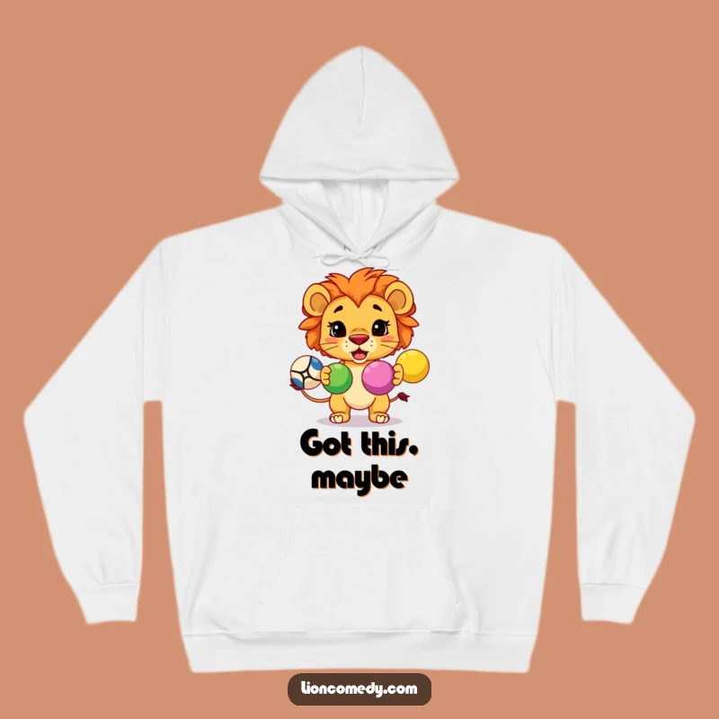 Cozy Funny Kawaii Lion Juggling Hoodie: Determined Comfort Gift