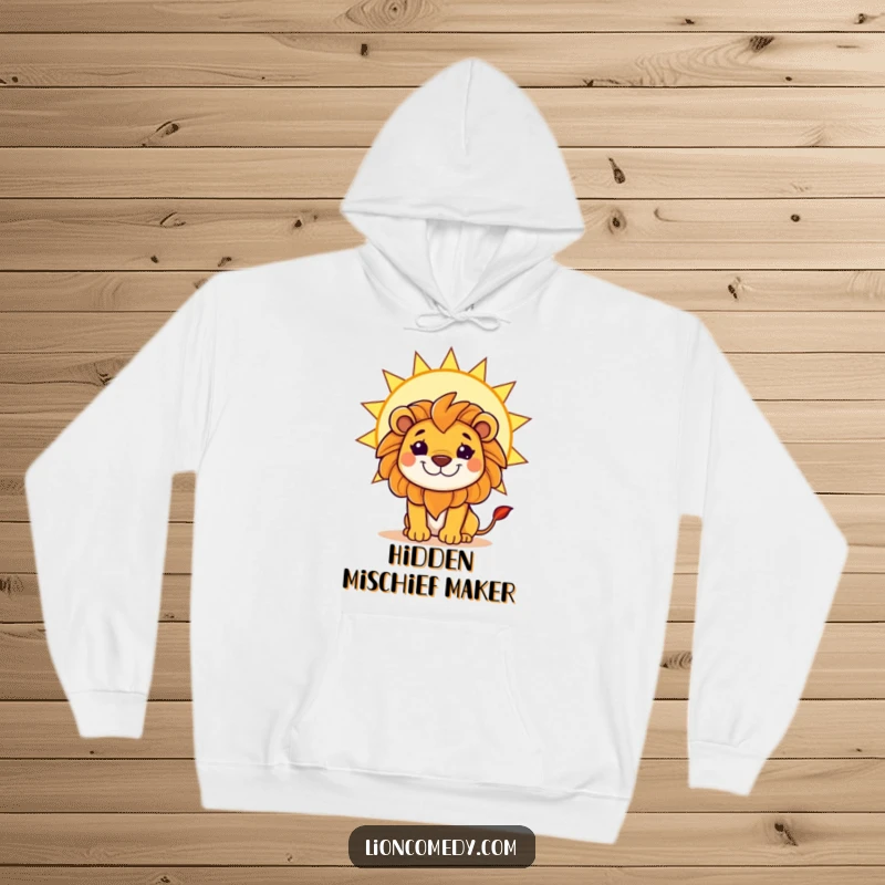 Funny hoodie with a kawaii lion and a mischievous grin, hiding behind a large, bright sun, ideal for cozy fun.