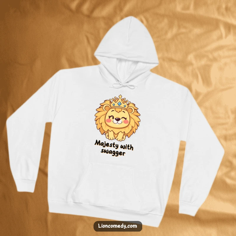 Funny kawaii lion hoodie featuring a cute winking lion wearing a crown, offering warmth and humorous style.
