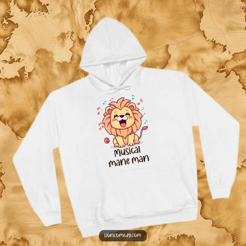Funny hoodie of a kawaii lion with a happy roar, surrounded by musical notes, ideal for cozy musical vibes.