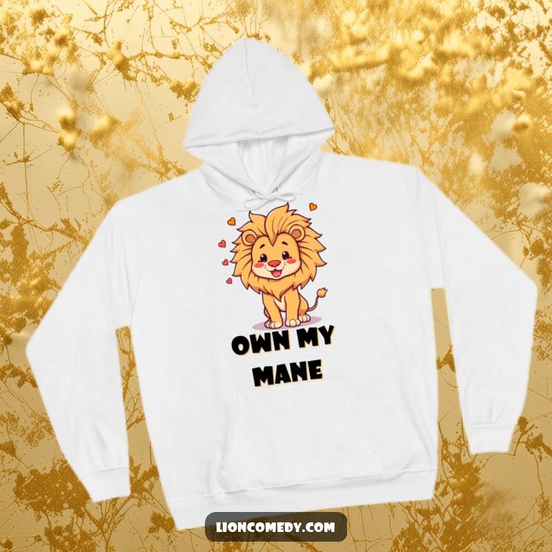 Funny Hoodie depicting a proud, happy lion confidently juggling its own impressive mane, radiating joy and playful self-assurance.